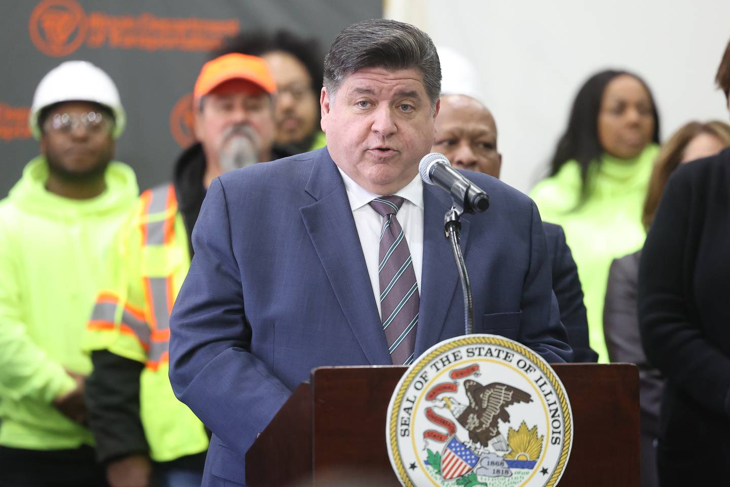 Governor JB Pritzker speaks at a press conference on reaching a key milestone for the  $1.3 Billion I-80 corridor project on Wednesday, Nov. 1, 2023 at Joliet Junior College.