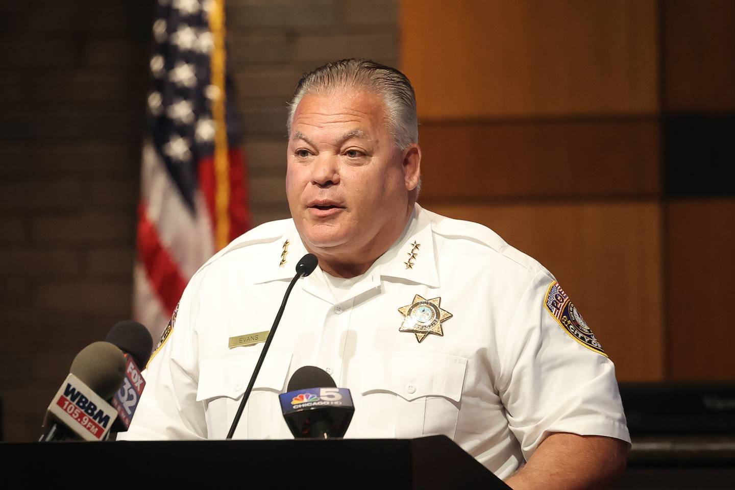 Joliet Police Chief Bill Evans speaks at a vaping press conference at Joliet City Hall on Tuesday, August 13, 2024. The conference addressed the city’s crack down on businesses selling vaping products to underage children, the school districts challenges identifying vaping devices in school and a new bill that makes it illegal in Illinois to buy vaping products online and shipped to anyone unless it’s for a licensed retailer or business.
