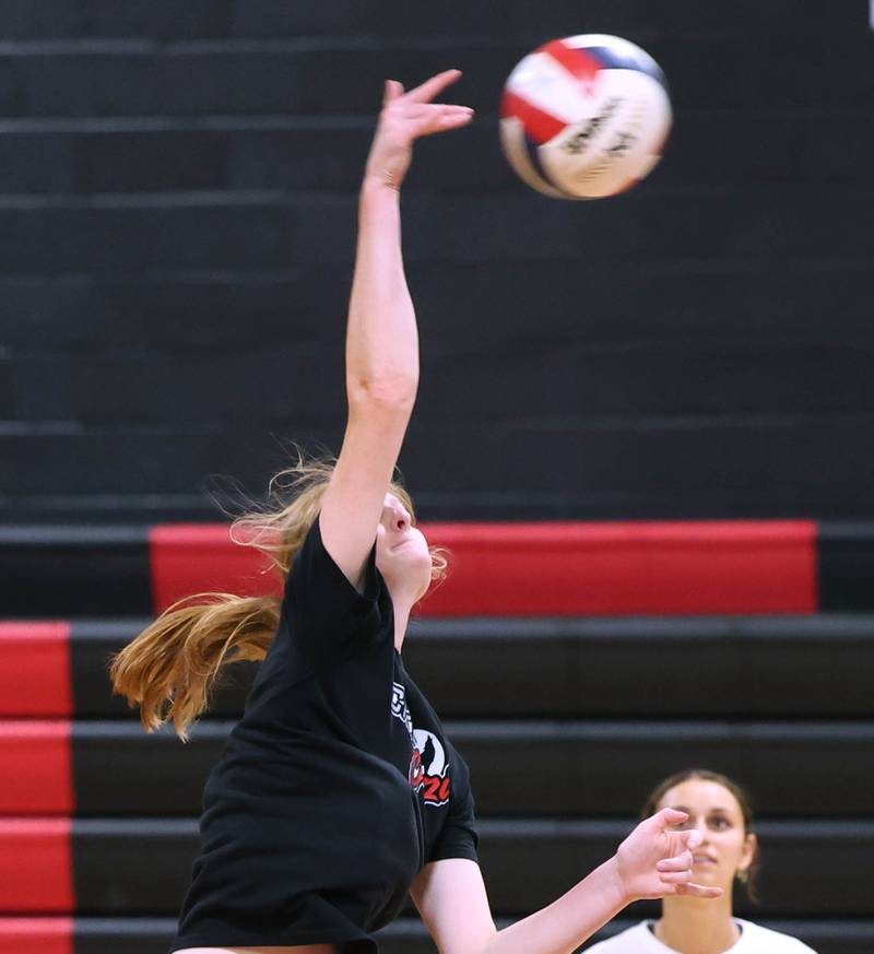Indian Creek’s Allie Peterson spikes the ball during practice Tuesday, Aug. 13, 2024, at the school in Shabbona.