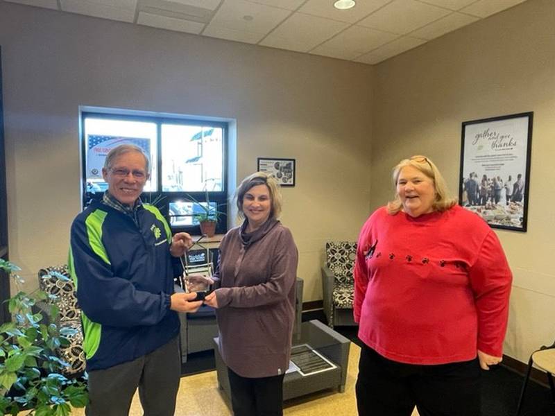 Pictured are (from left) Plainfield Park District Board President Bill Thoman, Kathy Whalen and Board Commissioner Mimi Poling. On Feb. 1, 2022, Whalen officially retired from the Plainfield Park District as its recreation manager of adult services.