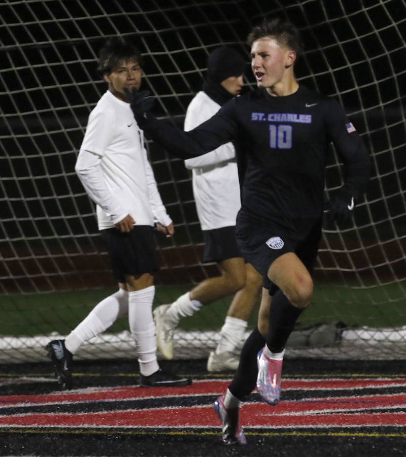 St. Charles North's Oliver Longosz celebrates a goal against McHenry during an IHSA Class 3A Huntley Regional boys soccer semifinal match on Tuesday, Oct. 21, 2025, at Huntley High School.