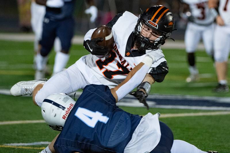 Dekalbs Lucas Boyer gets taken down by Plainfield's Chase Pierceall during a game Friday Sept. 6, 2024 at Plainfield South High School