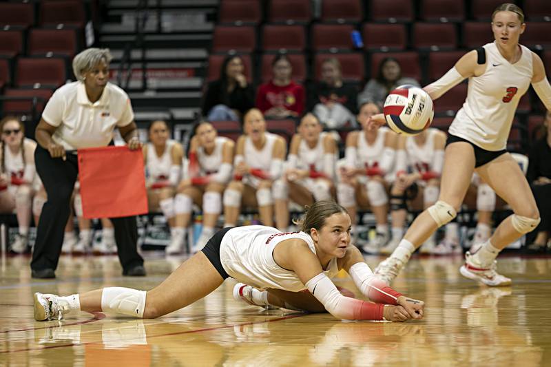 Barrington’s Sarah Jensen digs a shot against Mother McCauley in the 4A state semifinal Friday, Nov. 10, 2023 at CEFCU Arena in Normal.