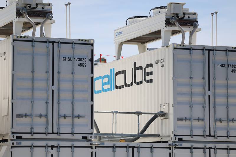 Flow batteries sit in containers collecting solar energy for the 6,100 double-sided solar panal on top of one of the G&W Electric buildings in Bolingbrook can power both of their manufatoring building and offices for up two hours just on battery power alone. G&W Electric was given a rebate of $2.6 million, the largest rebate to date in Illinois, as part of ComEd’s Distributed Generation Rebate Program.