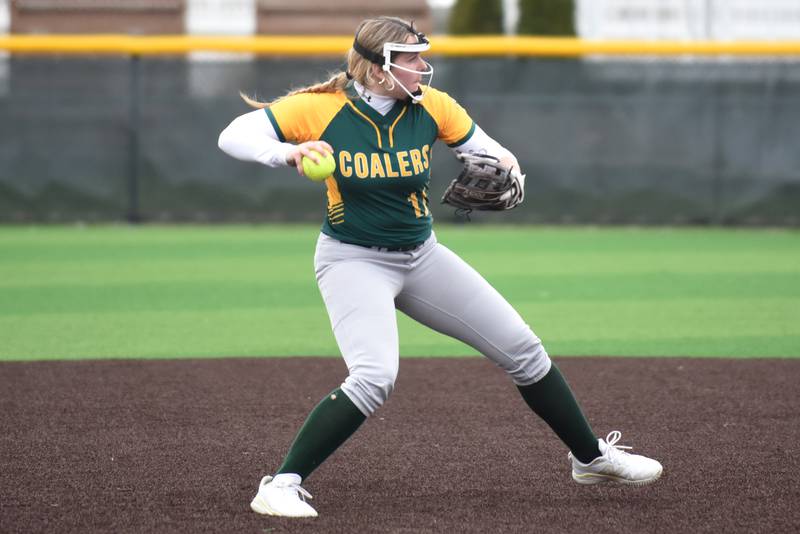 Coal City's DArcy Ness throws to second during a home game against Peotone Wednesday, April 9, 2025.