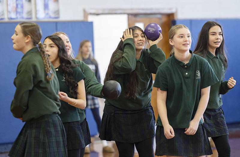 St. Andrews students compete Monday, Jan. 26, 2026, during the Deanery Dodgeball tournament.