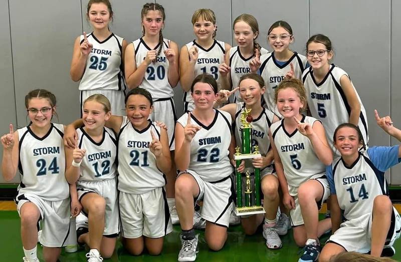 Bureau Valley defeated Peru Parkside 20-10 to win the Spring Valley JFK sixth-grade girls basketball tournament. Along the way, the Storm beat JFK 20-10 and Princeton Logan 31-15. Team members are (front row, from left) Cali Pistole, Sophia Thurston, Mya Waites, Tinley Yepsen, Kaylee Jamison, Stevie Davis, Kinley Gruber and (back row) Kaurie Facemire, Daelyn Benavidez, Kenzlie Wright, Khloe Cady, Shea Wunder and Ellie Endress. Not pictured are Abigail Michlig and coach Ryan Carlson.