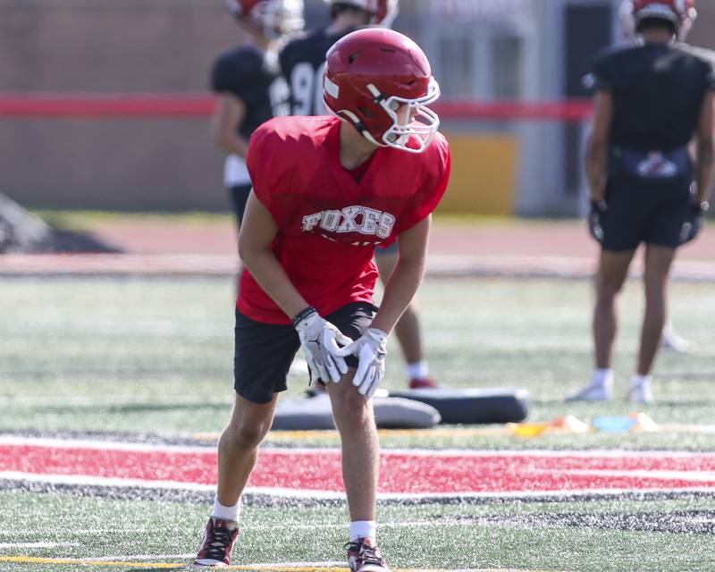 Colton Spychalski lines up at outside wide receiver position during Yorkville High School  football practice, Monday, Aug 13, 2025  in Yorkville.