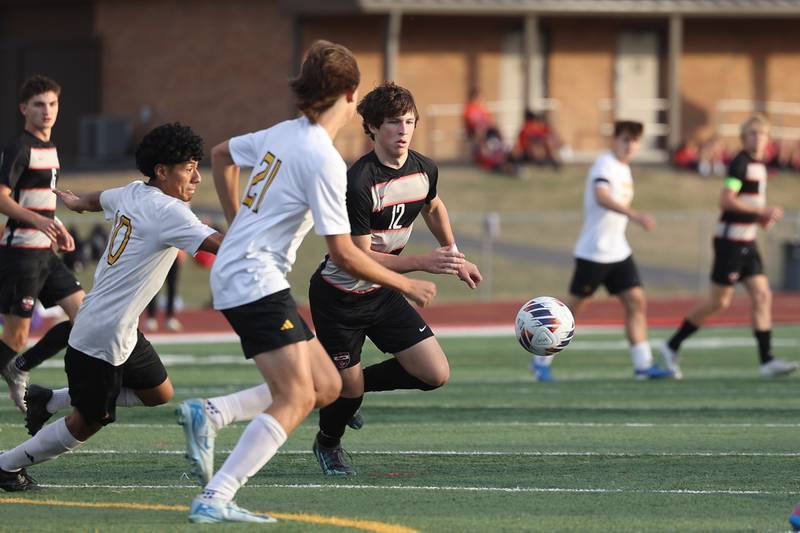 Lincoln-Way Central’s Aidan Byrne looks to make a play against Joliet West in the Class 3A Lincoln-Way Central Regional semifinal on Tuesday, Oct. 22, 2024 in New Lenox.