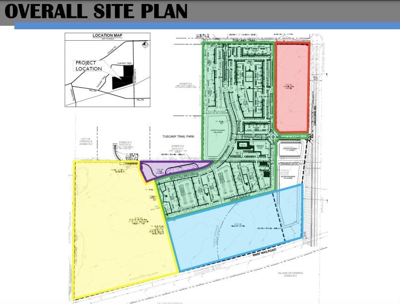 Site plan for Tuscany Station development. Green signifies apartments, the red section will be commercial business, purple signifies park land, the blue section is village owned property and the yellow is future single-family development.