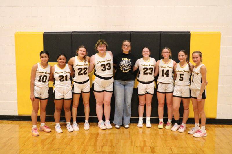 Putnam County Junior High celebrated its 8th grade night Tuesday with a 51-16 win over Marseilles. Eighth-grade team members honored were Dayzlyn Cioni (from left), Anahi Avila, Avery Lenkaitis, Makenna Goulding, Kinsey Pierski, Murphy Hopkins, Jaylynn Dickey, Lillian Bouxsein and Anni Judd.
