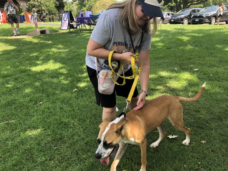 Jennifer Moore pets a dog available for adoption at Pawfest Aug. 3, 2024.