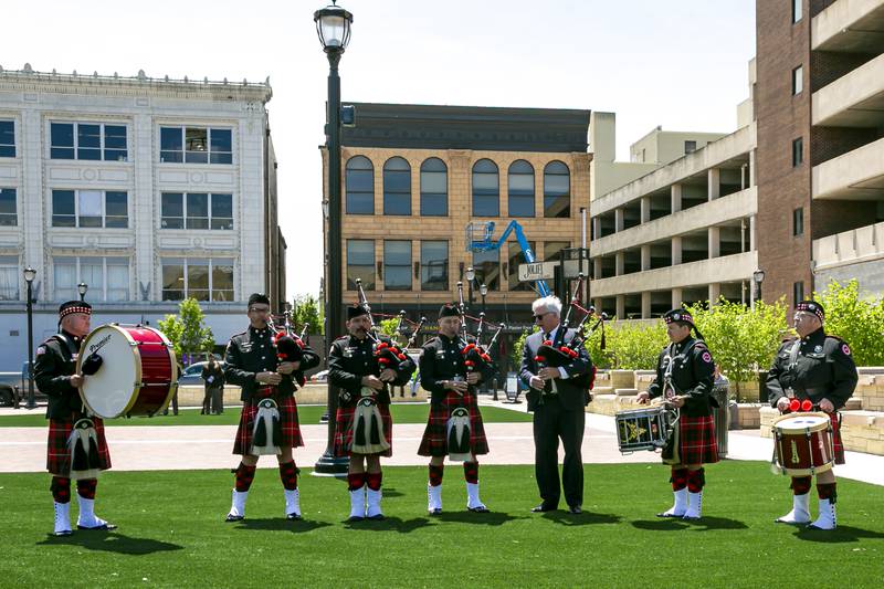 The Joliet Fire Department Pipes and Drums perform during the Memorial Day Commemoration at Joliet City Square.  May 20, 2026 in Joliet.