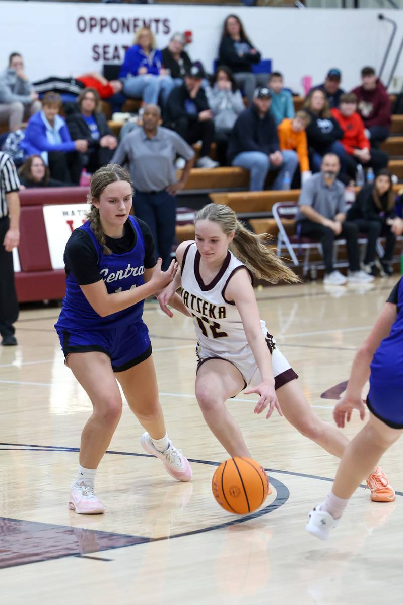 Watseka-Milford's Addissen Ulitzsch drives the lane against Clifton Central's Alexis Prisock during the Warriors' 60-49 victory over Clifton Central on Saturday, Jan. 10, 2026.