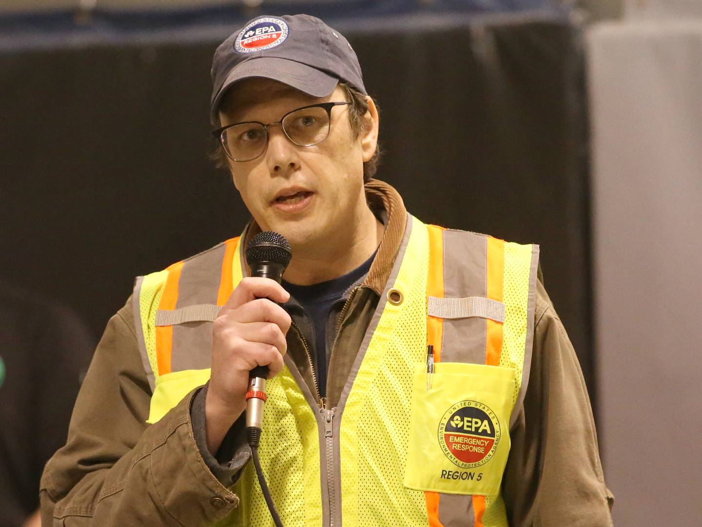 Robert Kondreck on scene coordinator with the US Environmental Protection Agency addresses the media at the Grove Center regarding the Carus Chemical fire on Thursday, Jan. 12, 2023 in La Salle.