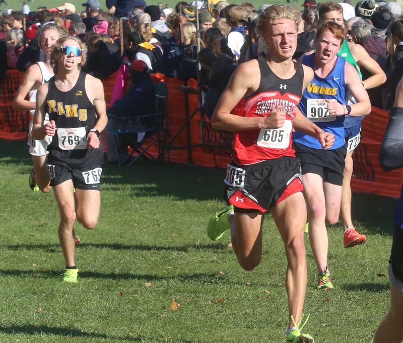 Riverdale's Tyler Lockaby and Timothy Christian's Tyce Plaisier compete in the Class 1A State Cross Country race on Saturday, Nov. 4, 2023 at Detweiller Park in Peoria.