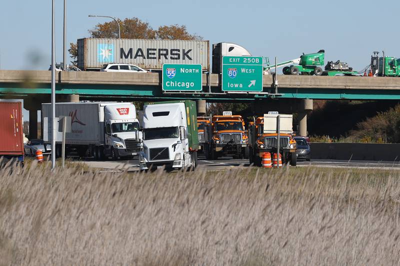 Southbound I-55 traffic is rerouted off the interstate. A crash involving two semitrailers shutdown down southbound I-55 as diesel fuel, water bottles and soybeans covered all lanes of Interstate 55 south of the I-80 interchange early Wednesday morning.