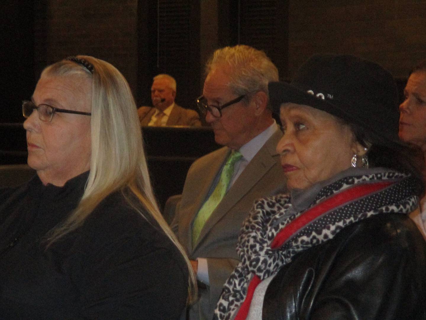 Jori Gura (left) and Vivian Brown sit together at the Joliet Plan Commission meeting on Wednesday when they both spoke against Joliet Catholic Academy's plan for an on-campus football stadium. Nov. 20, 2025