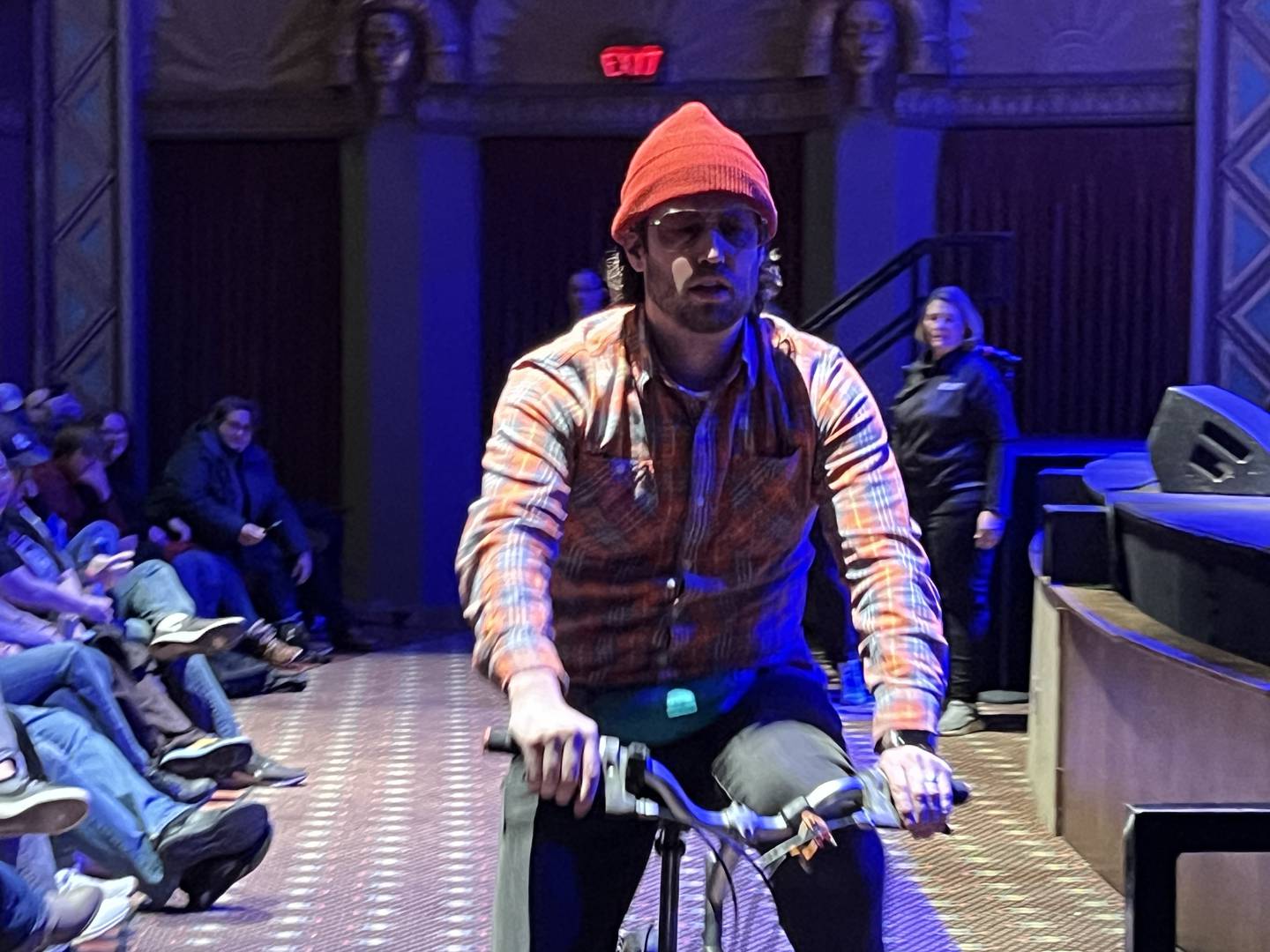 Jon Heder, who played Napoleon Dynamite in the 2004 MTV Films production of the same name, was in character when he rode a bike through the aisles of the Egyptian Theatre on Jan. 21, 2024.