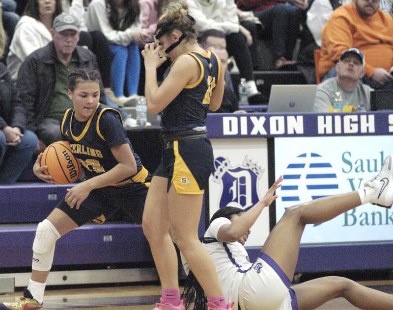 Sterling player Joslynn James brings the ball upcourt. Dixon and Sterling girls basketball teams played in the 3rd place game of the Dixon Girls KSB Holiday Basketball Classic Saturday, Dec. 28, 2024.