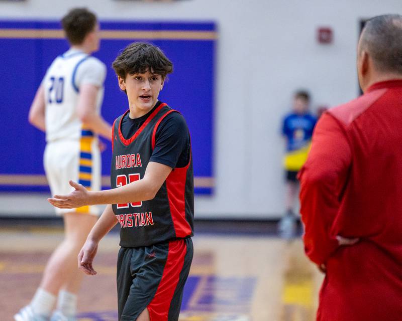 Ty Beebe (25) of Aurora Christain talks to Coach Dan Beebe during the Class 2A Boys Sectional Basketball tournament game on Wednesday, March 4, 2026 at Mendota High School.