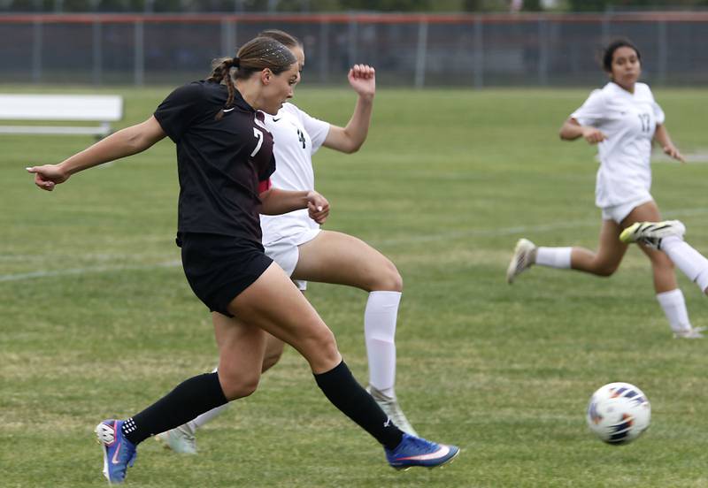 Prairie Ridge's Ava Gertz makes a goal scoring run against Crystal Lake South's Marin Gorman during a Class 2A Crystal Lake Central Regional girls soccer semifinal match on Tuesday, May 19, 2026, at Crystal Lake Central High School.