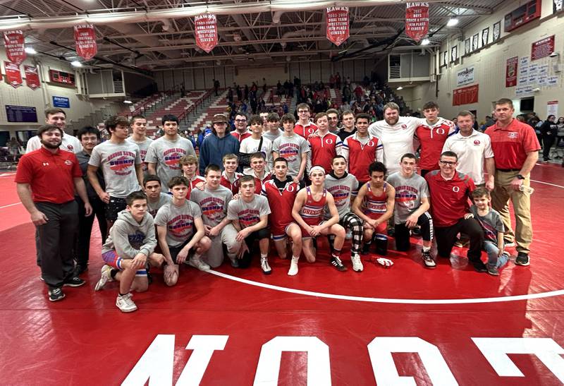 Oregon High School's wrestling team is headed to the state finals of the team competition for 1A schools after edging Sterling Newman 39-30 in sectional action on Tuesday, Feb. 25, 2025 at the Blackhawk Center in Oregon. The Hawks are one of four teams who will battle for the championship this Friday and Saturday in Bloomington.