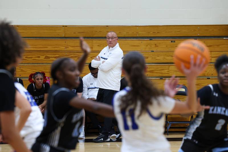 Kankakee's Kurt Weigt watches a play during the Kays' 75-28 victory over Rosary at the Reed-Custer Classic on Monday, Nov. 17, 2025.