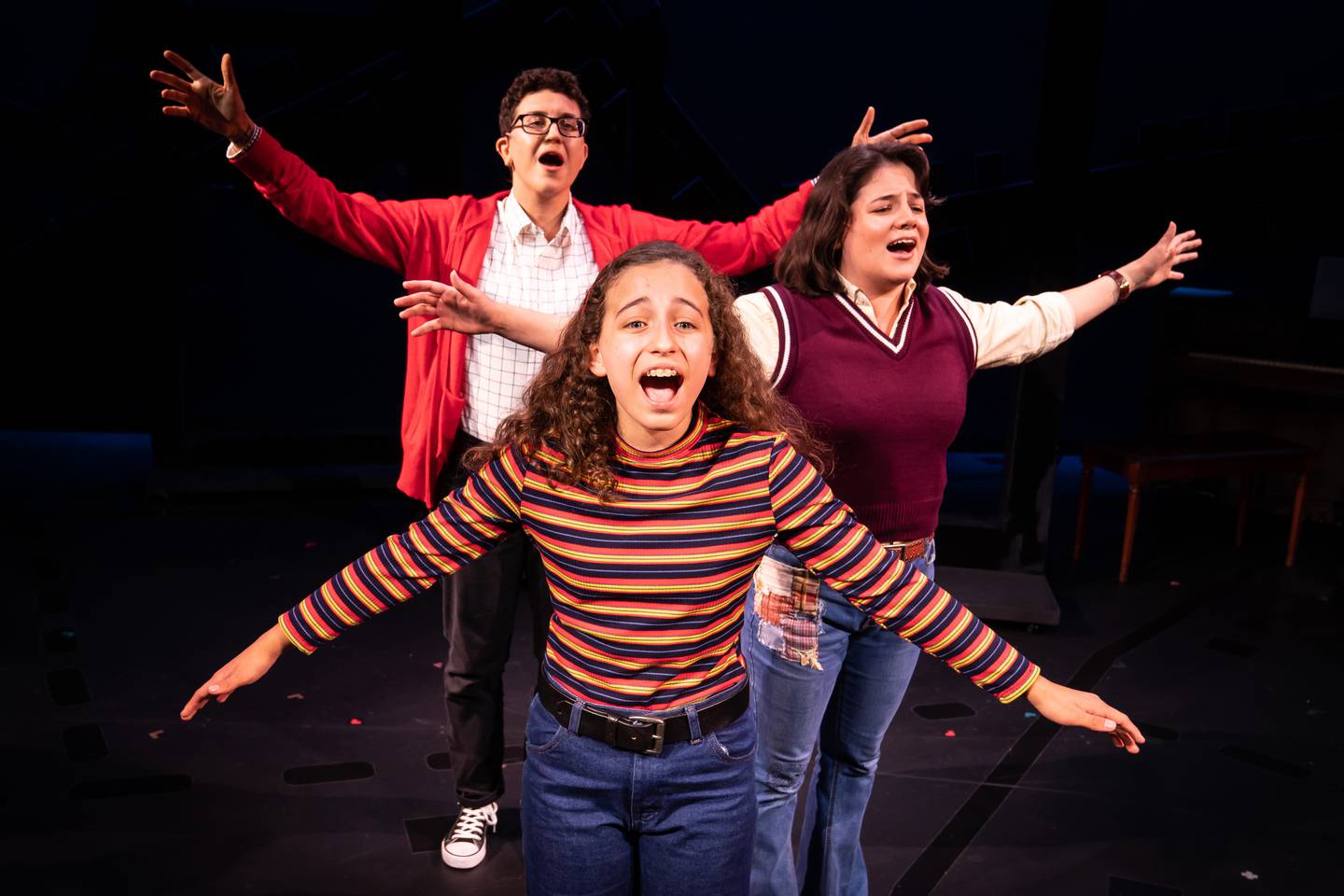 (front to back) Milla Liss plays Small Alison, Elizabeth Stenholt is Medium Alison and Emilie Modaff is Alison in Paramount’s BOLD Series production of the Tony Award-winning musical Fun Home. Note: Liss rotates in the role of Small Alison with Maya Keane. Credit: Liz Lauren