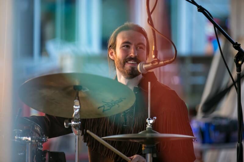 Zack Weinstein, drummer of Earthmother, performs at Mackey's Hideout on Saturday, April 3, 2021, in McHenry, Ill. Earthmother is a band that plays from mostly 60’s and 70’s rock, but also has original pieces. The group met in Boston while attending Berklee College of Music and formed after a discovery that they had a shared love for improvised music.