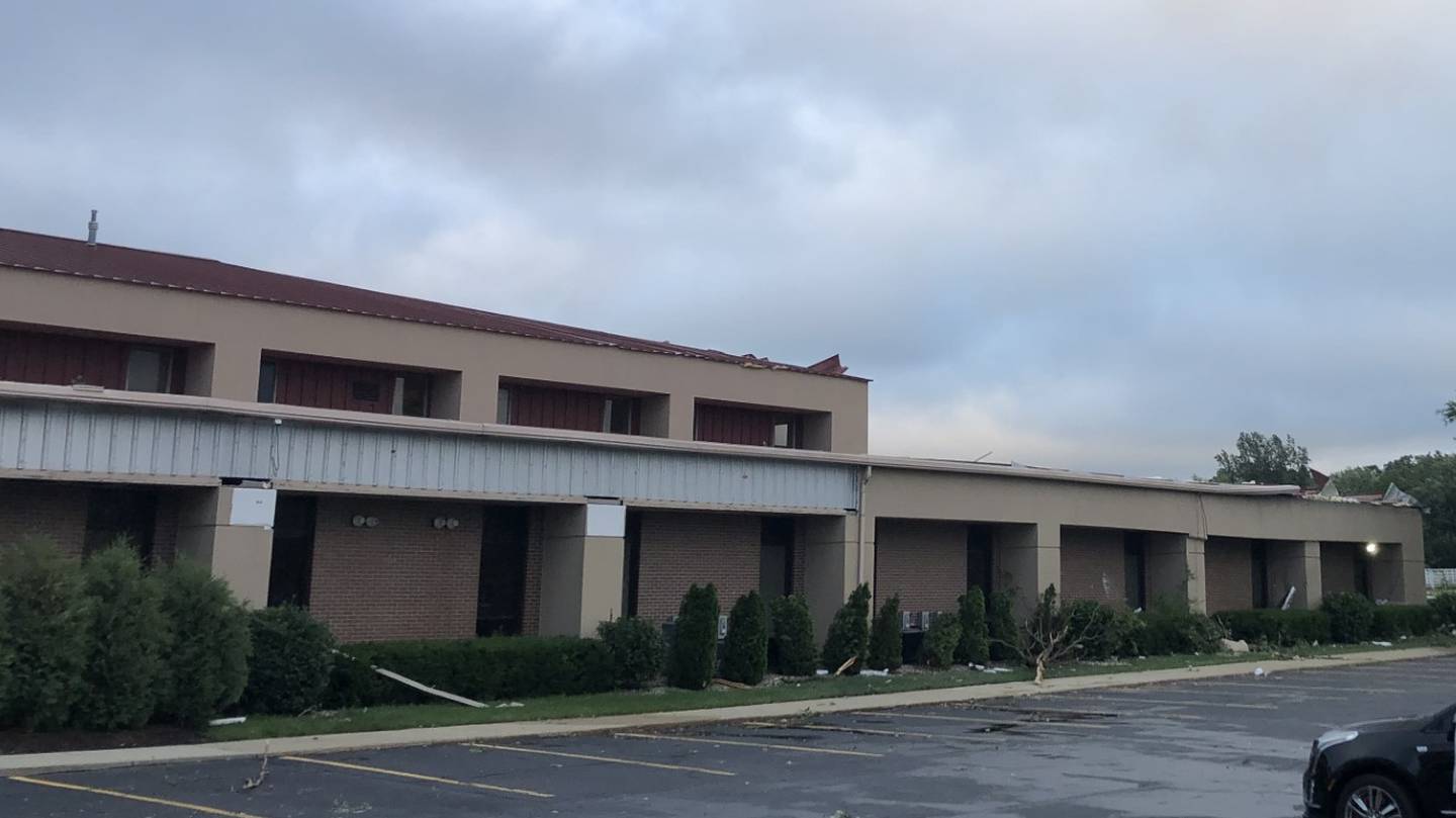 A storm tore a portion of the roof off of the Northwest Bible Baptist Church at 9N889 Nesler Rd. in Elgin in the evening of July 12, 2023.