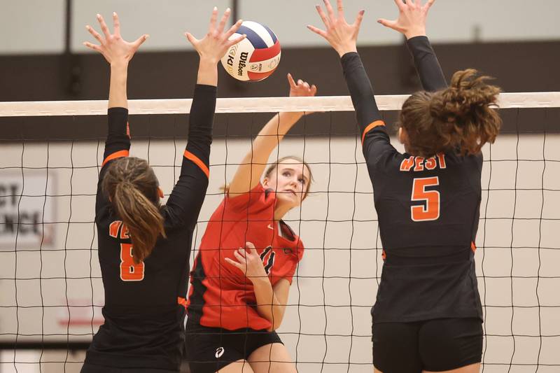 Lincoln-Way Central’s Kiera King hits a shot against Lincoln-Way West. Thursday, Oct. 6, 2022, in New Lenox.
