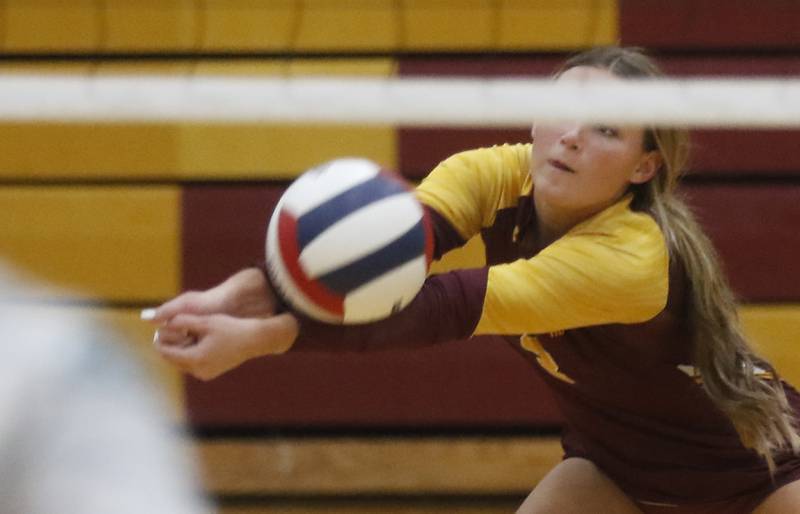 Richmond-Burton's Delanee Cooley passes th ball during a Kishwaukee River Conference volleyball match against Woodstock North on Wednesday, Oct. 15, 2025, at the Richmond-Burton High School in Richmond.