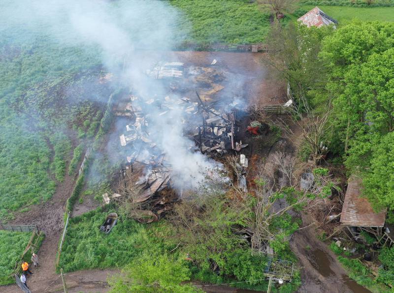 An aerial view of whats left of a barn fire located in the 19000 block of 1725 East Street on Friday, May 10, 2024 near Princeton. A box alarm was sent out shortly after 9:30p.m. on Thursday for Bureau County fire units. The fire was still smoking as of Friday morning.