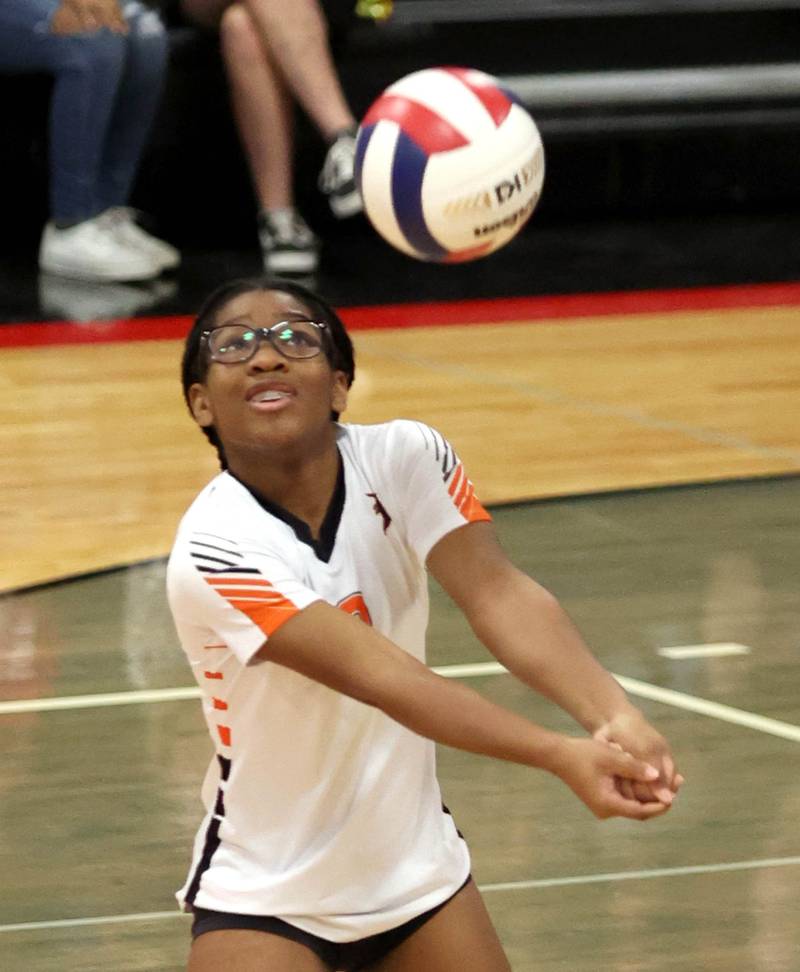 DeKalb's Mia Adeoti receives a serve during their match against Indian Creek Tuesday, Sept. 6, 2022, at Indian Creek High School in Shabbona.