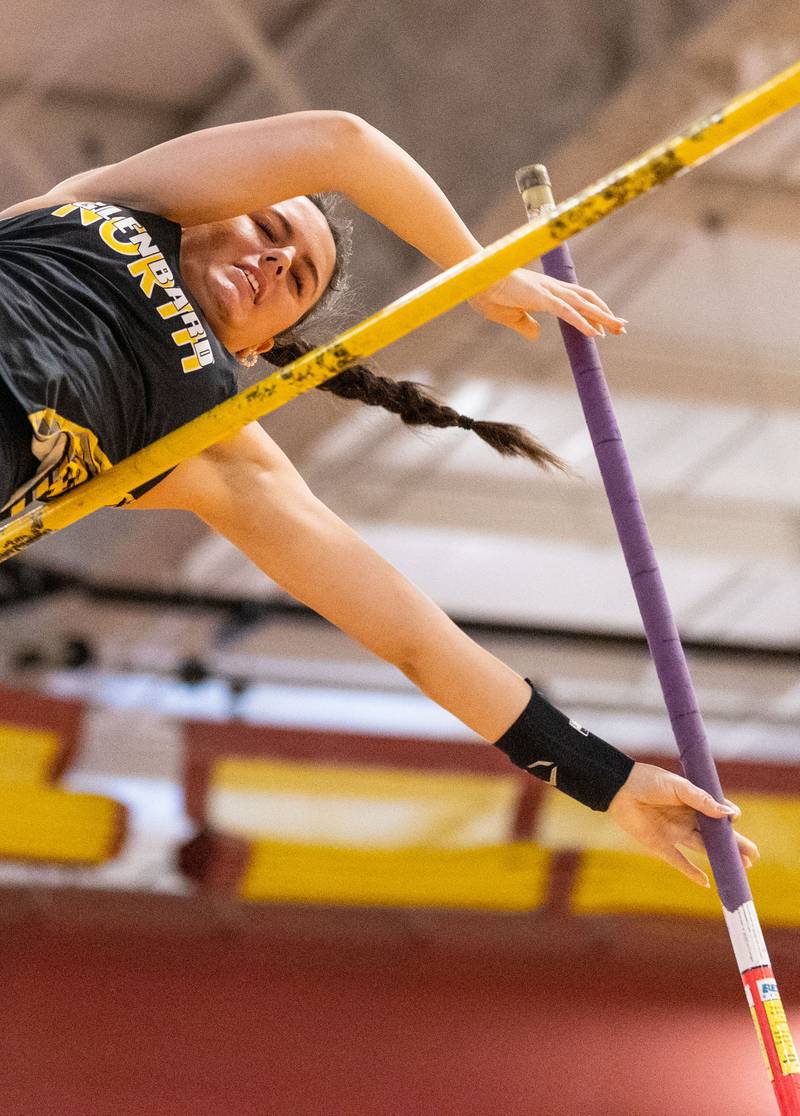 Glenbard North’s Lila Ramirez participates in the pole vault event during the Girls Track and Field DuKane Conference Meet at Batavia High School on Saturday, March 22, 2025.
