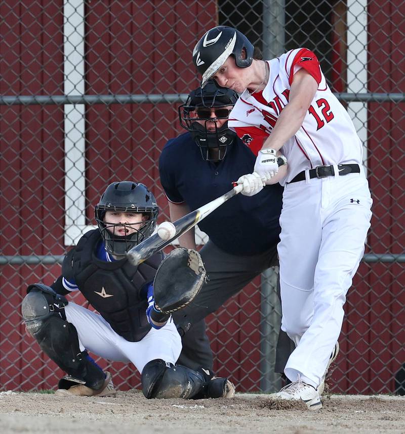 Indian Creek's Jakob McNally makes contact during their game against Hinckley-Big Rock Monday, April 29, 2024, at Indian Creek High School.