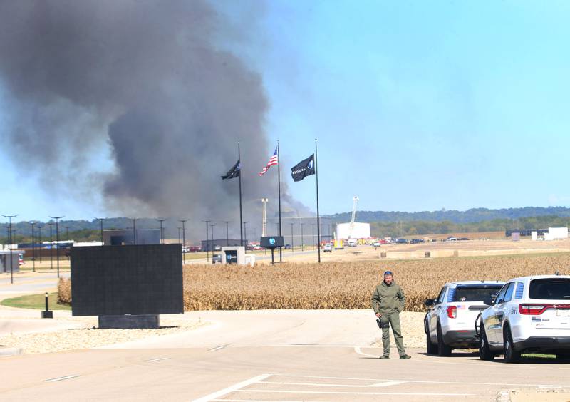 Smoke billows from Marquis Energy as firefighters work to control a structure fire on Wednesday, Oct. 8, 2025 in Hennepin. The fire was upgraded to a 5th alarm dispatching the (MABAS) Mutual Aid Box Alarm System. The fire broke out around 11a.m.