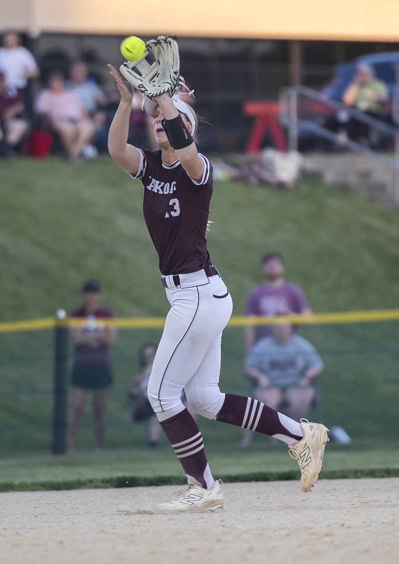 Dakota’s Finley Banks hauls in a pop-up at shortstop against Milledgeville Tuesday, May 26, 2026, at the Eastland Class 1A softball sectional quarterfinal.
