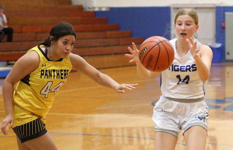 Princeton's Paige Jesse looks to shoot a shot over Putnam County's Valeria Villagomez during the Princeton Holiday Girls Basketball Tournament on Tuesday, Nov. 19, 2024 at Princeton High School.
