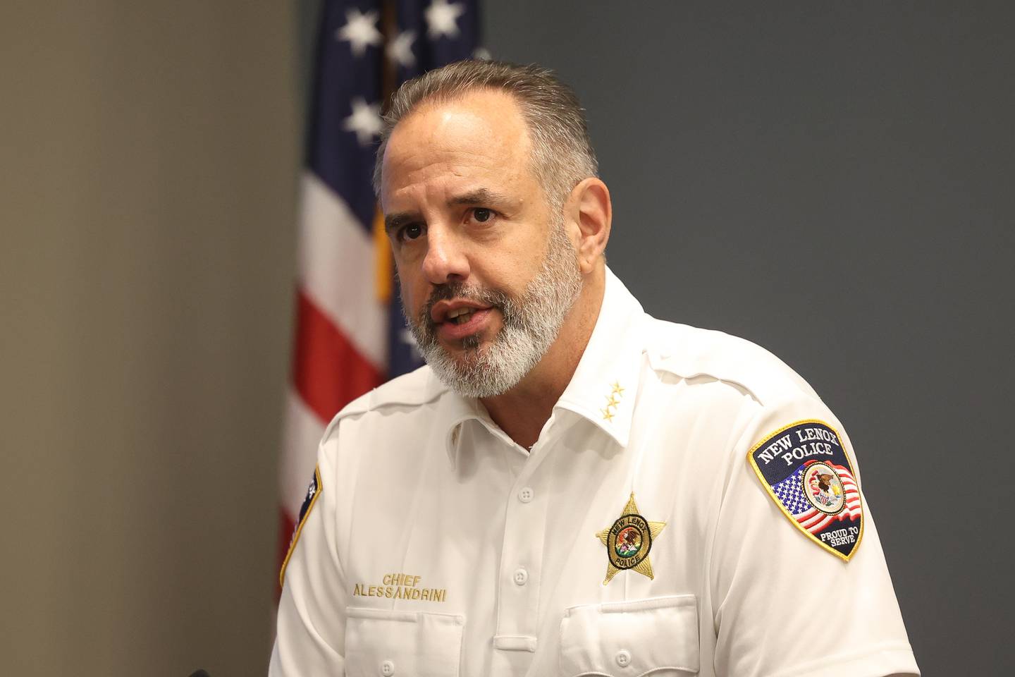 New Lenox Police Chief Louis Alessandrini shares an emotional speech for a 9/11 commemoration at the New Lenox Police Department on Monday, Sept. 11, 2023 in New Lenox.