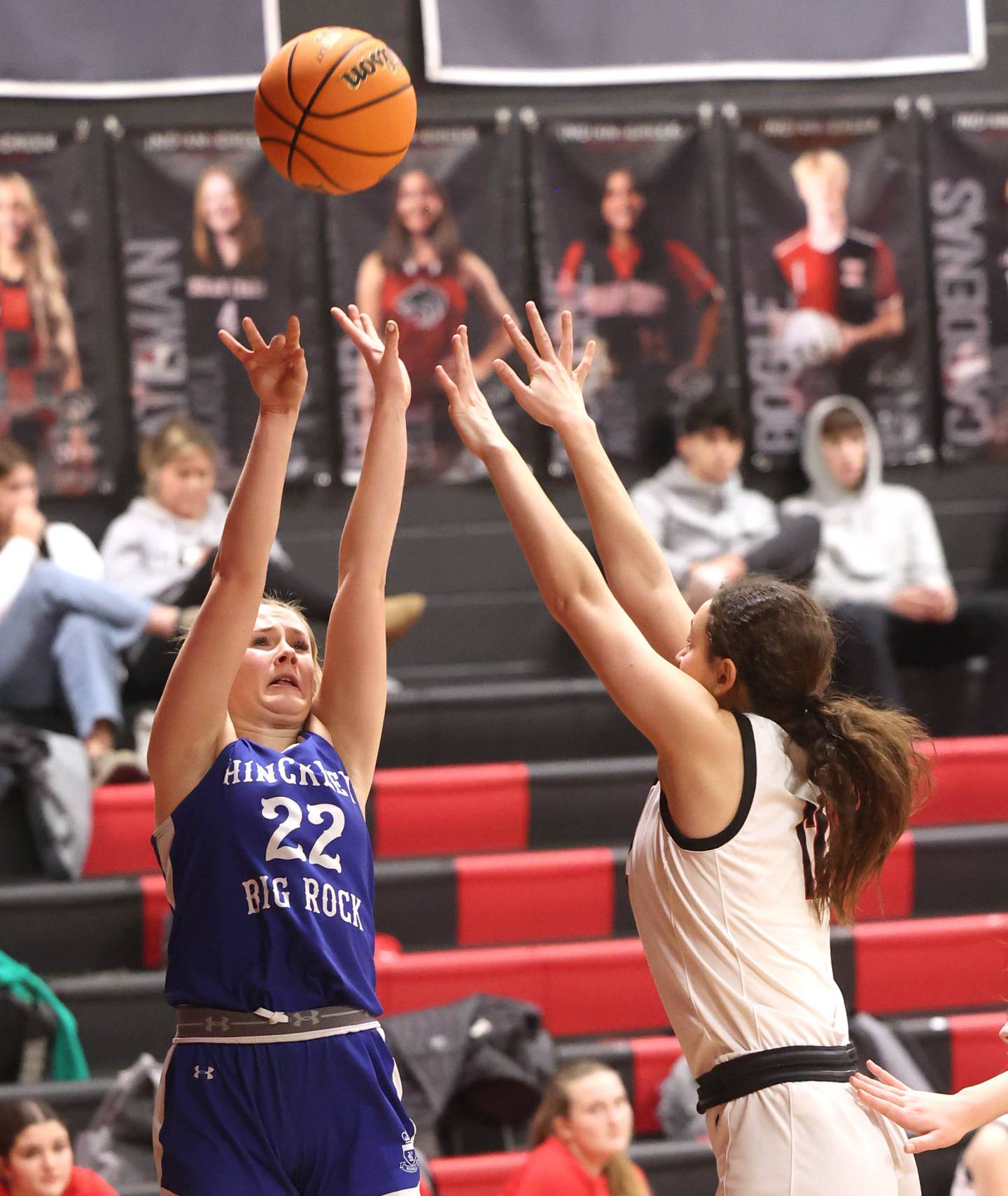 Hinckley-Big Rock's Anna Hermann shoots over Indian Creek's Isabella Turner during their game Monday, Jan. 13, 2025, at Indian Creek High School in Shabbona.