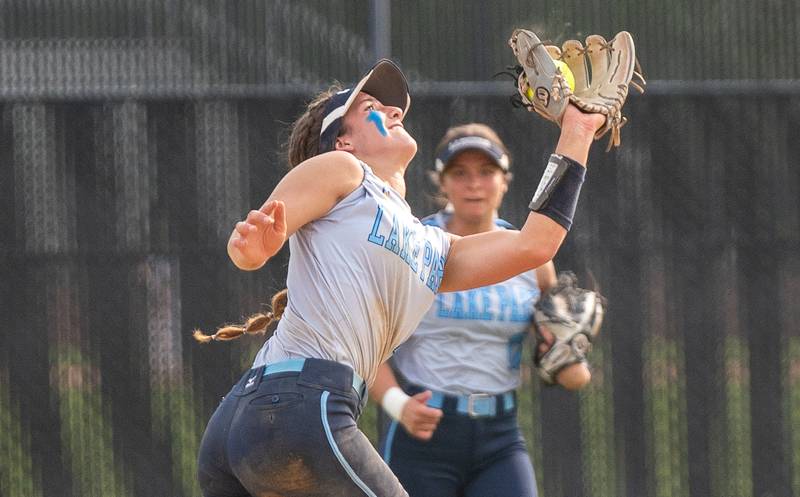 Lake Park's Michela Barbanente (1) catches a pop-up for an out against St. Charles North during a softball game at St. Charles North High School on Wednesday, May 11, 2022.