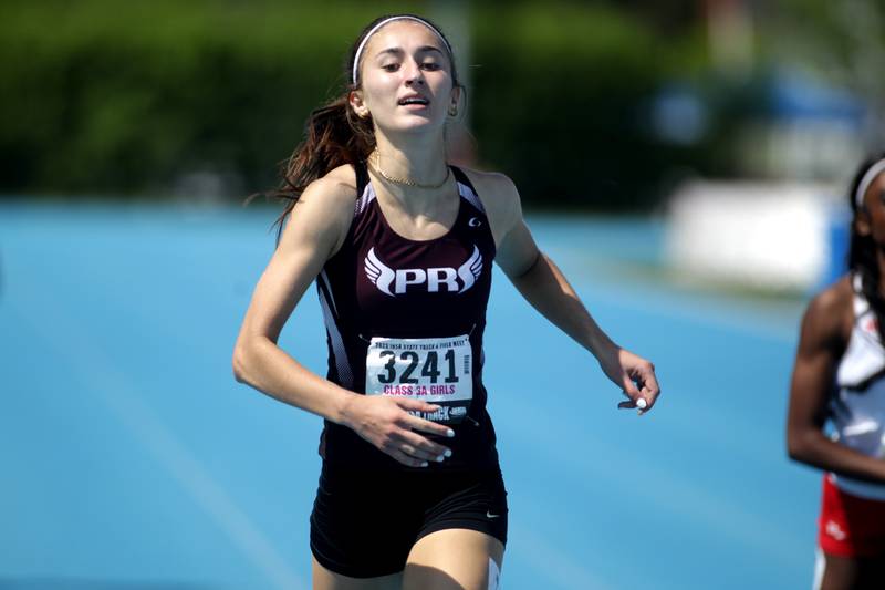 Prairie Ridge’s Rylee Lydon competes in the 3A 400-meter dash during the IHSA State Track and Field Finals at Eastern Illinois University in Charleston on Saturday, May 20, 2023.