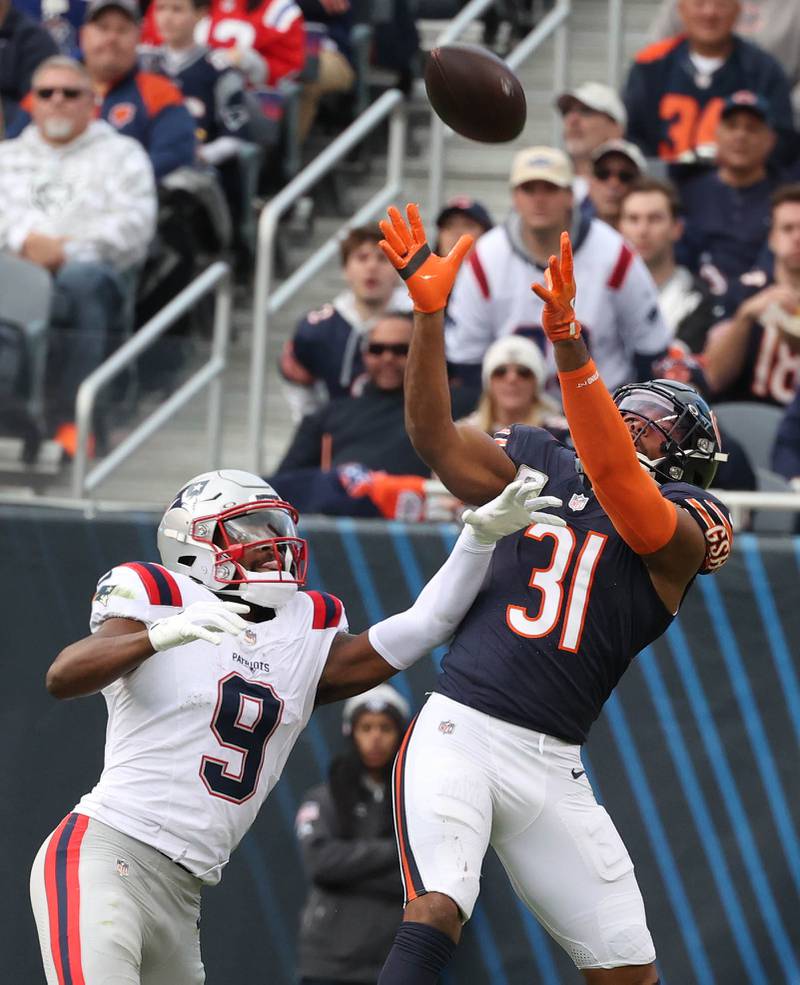 Chicago Bears safety Kevin Byard III defends a pass intended for New England Patriots wide receiver Kayshon Boutte during their game Sunday, Nov. 10, 2024, at Soldier Field in Chicago.