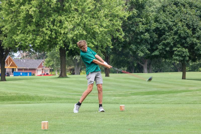 Grant Park's Isaiah Salin tees off during the Bill Breeden All-Area Classic at the Kankakee Elks on Monday, Aug. 18, 2025.
