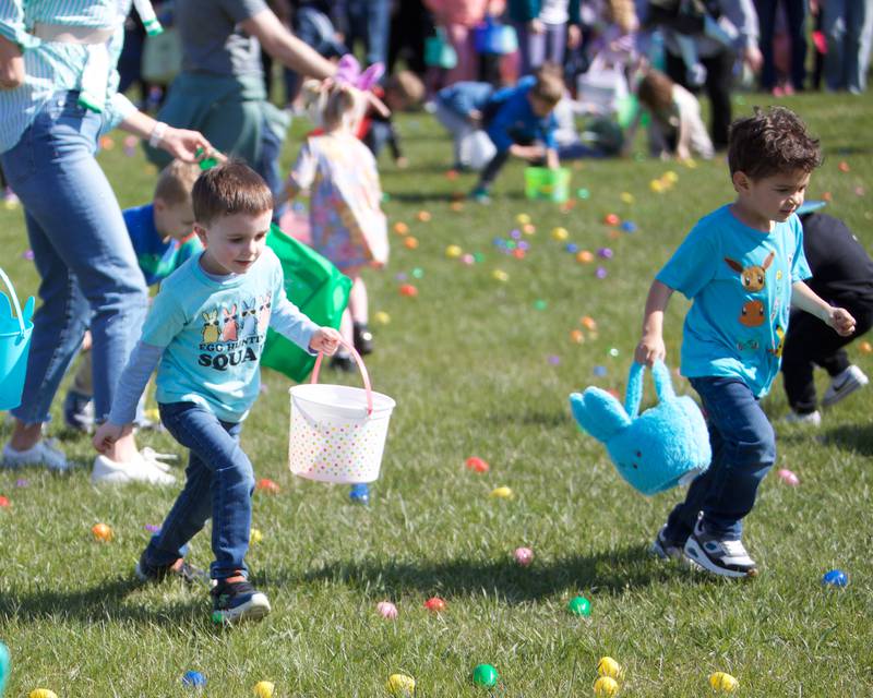 Kids running to find the eggs at the  Batavia Easter Egg Hunt at Clark Island Recreation area on Saturday, April 12, 2025 in Batavia.