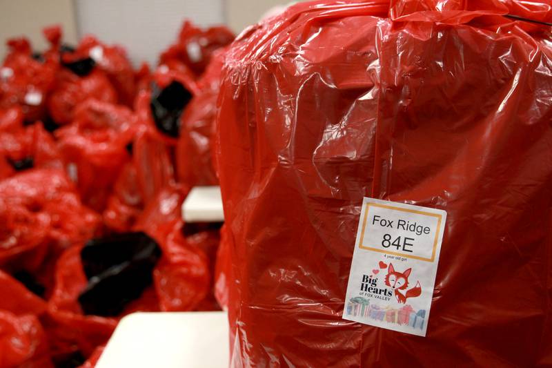 Bags full of gifts are organized for 231 families in St. Charles School District 303 for the annual Big Hearts of Fox Valley Christmas Gift Sponsorship Program on Tuesday, Dec. 3, 2024.