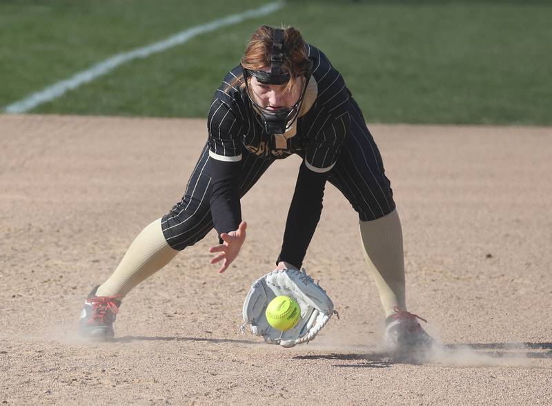 Sycamore's Ema Durst fields a grounder Friday, April 11, 2025, during their game against Marengo at Sycamore High School.