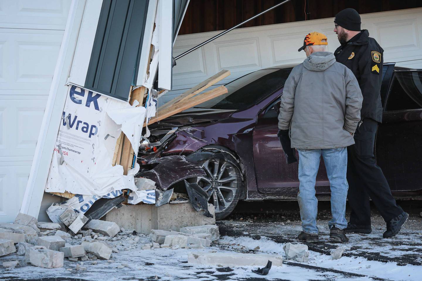 A car collided with the garage of a home under construction at about 3:20 p.m. Tuesday, Jan. 14, 2024, on the 900 block of Partridge Circle, Marengo. No serious injuries were reported, but the city's building department was notified due to possible structural damage to the property.